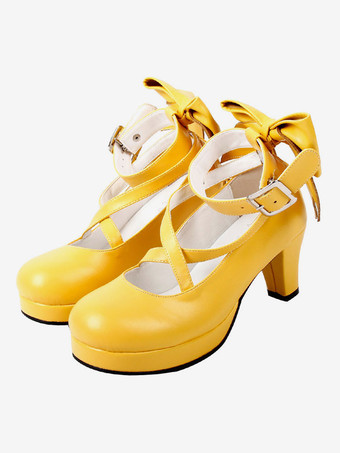 イエローロリィタパンプス 靴 プラットフォームヒール シューズ アンクルストラップ リボン付き ラウンドトゥ