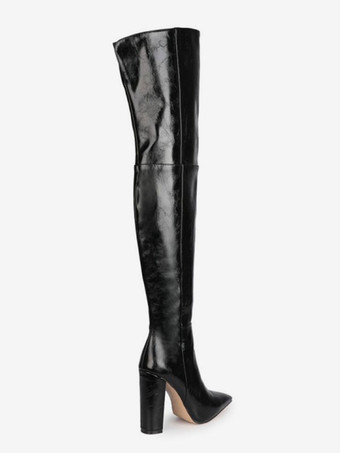 サイハイ ブーツ ポインテッドトゥ チャンキーヒール ブーツ PU レザー レディース ブラック