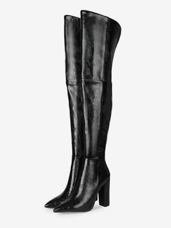 Womens thigh high Boots Black Pointed Toe PU Leather Chunky Heeled Boots