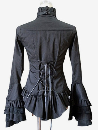 ロリィタブラウス ピュアコットン 長袖 スタンドカラー お茶会 ゴシック 2カラーブロック