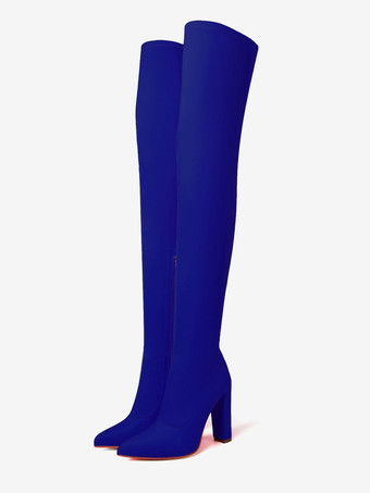 ロイヤルブルーレディース サイハイブーツ ポインテッドヒール ブロックヒール 伸縮性のあるオーバーニーブーツ