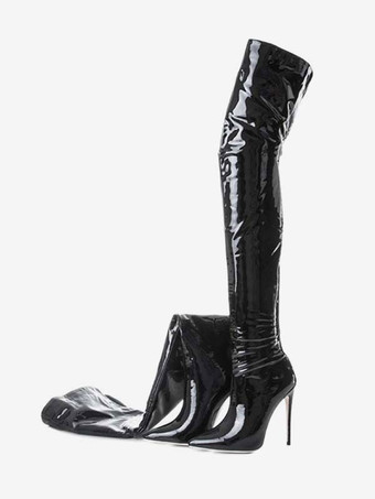Black Thigh High Boots Womens Patent Bright Leather Pointed Toe Stiletto Heel Over The Knee Boots