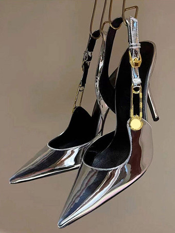 Серебряные туфли на высоком каблуке. Женские туфли-лодочки с острым носком и цепочкой на пятке.