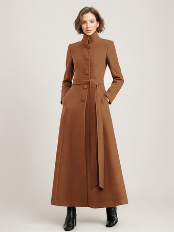 ウール混紡ロングコート ブラック ベルト付き スタンドカラー 冬 フルレングス アウターウェア レディース 2025