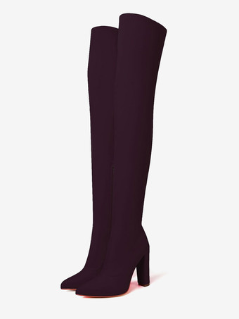 ブラック レディース サイハイブーツ ポインテッドヒール ブロックヒール 伸縮性のあるオーバーニーブーツ