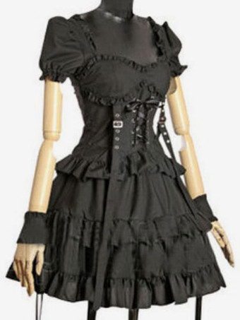  Lolita Kleid mit Herz-Ausschnitt und kurzen Ärmeln gotisch und Falten in Schwarz