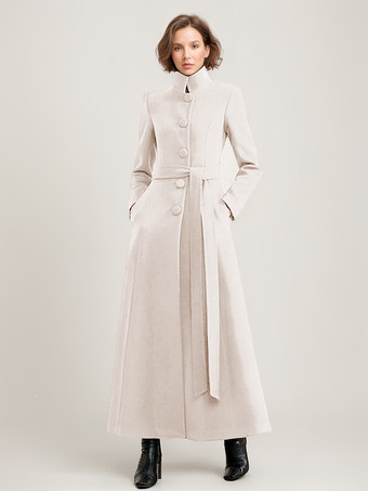 ウール混紡ロングコート ブラック ベルト付き スタンドカラー 冬 フルレングス アウターウェア レディース 2025