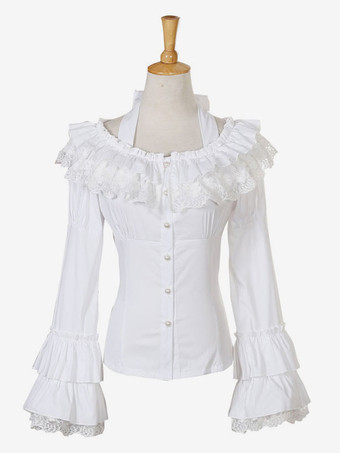 Camicetta Lolita bianca stile di Rococò monocolore pieghettature pizzo maniche lunghe con scollo rotondo 