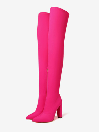 レディース サイハイブーツ ポインテッドヒール ブロックヒール 伸縮性のあるオーバーニーブーツ