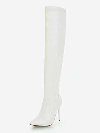 ホワイト サイハイブーツ レディース ポインテッドトゥ スティレットヒール オーバーザニーブーツ
