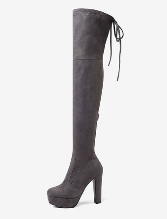 ダークグレー ニーハイブーツ レディース靴 ブラック ロングブーツ 12cm エラスチックファブリック アーモンドトゥ チャンキーヒール 無地 アウトドア シック＆モダン