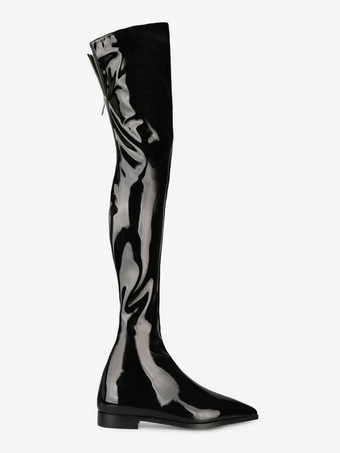 ニーハイブーツ女性ブライトレザーブラックポインテッドトゥフラットサイハイブーツ