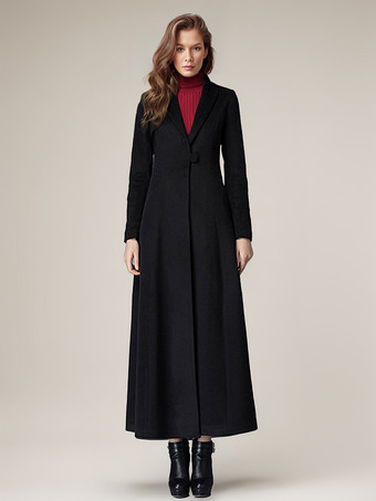 ブラック レディースコート 暖かい冬 Aラインラペル フルレングス マキシウールコート 2025