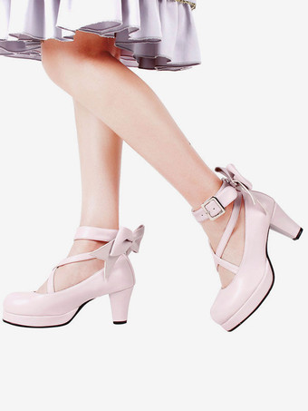 ロリィタパンプス 靴 プラットフォームヒール シューズ アンクルストラップ リボン付き ラウンドトゥ