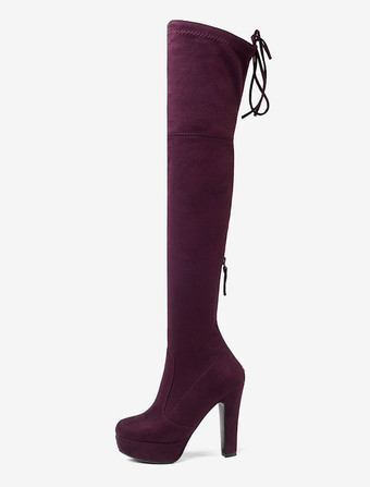 ワインレッド ニーハイブーツ レディース靴 ブラック ロングブーツ 12cm エラスチックファブリック アーモンドトゥ チャンキーヒール 無地 アウトドア シック＆モダン