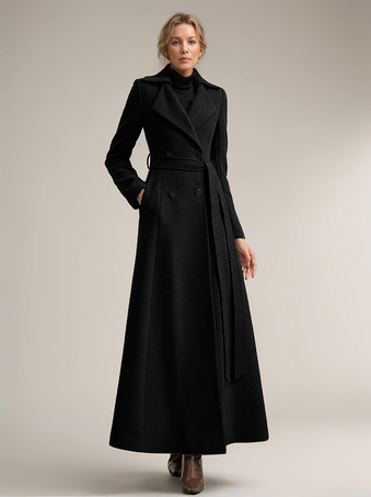 ブラック レディース フルレングス ウールコート ワイドノッチドラペル ダブルブレスト ベルト付き 冬アウター 無地 2025