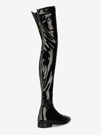 ニーハイブーツ女性ブライトレザーブラックポインテッドトゥフラットサイハイブーツ