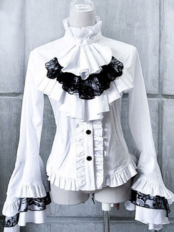 ホワイト ロリィタブラウス ピュアコットン 長袖 スタンドカラー お茶会 ゴシック 2カラーブロック