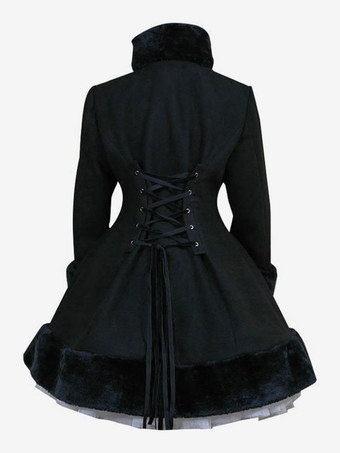 ロリィタコート　アウターウェア　リボン　ブラック　ウールブレンド　お茶会　ゴシック　長袖　フード付き　無地　