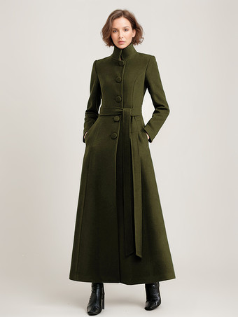 ウール混紡ロングコート ブラック ベルト付き スタンドカラー 冬 フルレングス アウターウェア レディース 2025