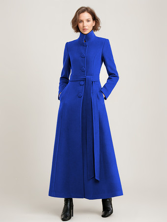 ウール混紡ロングコート ブラック ベルト付き スタンドカラー 冬 フルレングス アウターウェア レディース 2025