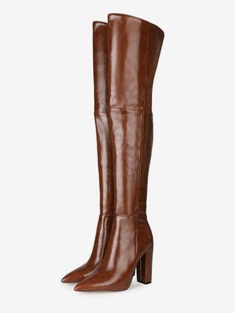 ディープブラウンサイハイ ブーツ ポインテッドトゥ チャンキーヒール ブーツ PU レザー レディース ブラック