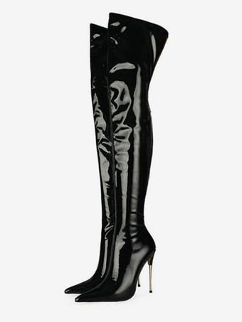 ブラック 女性のパテント レザー サイハイ ヒール ブーツ ブライト レザー