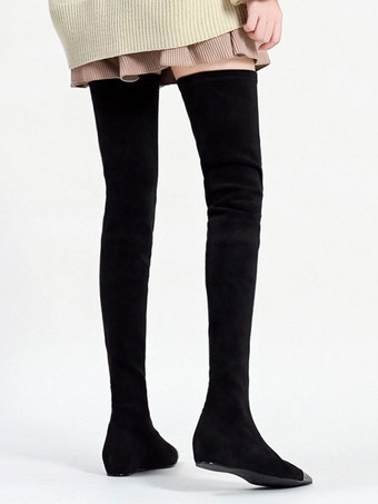 膝のブーツスエードブラックポインテッドトゥ女性のためのフラットサイハイブーツオーバー