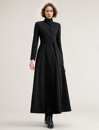 Woman's Outerwear Black Sash Winter Warm Wool Coat 2024