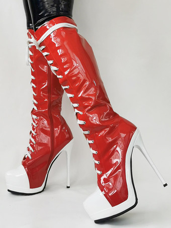 レッド レディース キャンバス スティレットヒール ニーハイ ブーツ