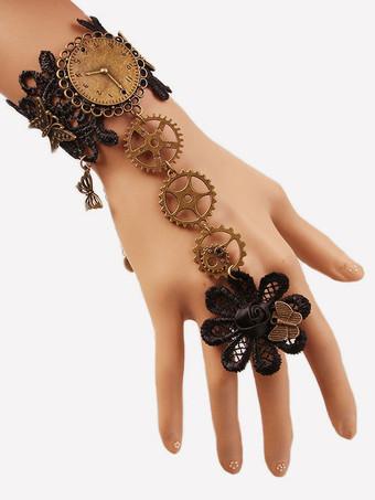 Braccialetto Lolita steampunk bronza con blocchi di colore pizzo accessori  Tea party bracialetti in lega d'acciaio 