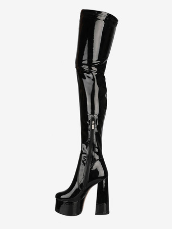 オーバーザニーブーツ ラウンドトゥ チャンキーヒール ハイヒール プラットフォーム ブライトレザー ウィンターブーツ 女性