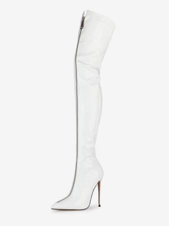 ホワイト ニーハイブーツ レッド ポインテッドトゥ ジップアップ ブライトレザー ハイヒール サイハイブーツ