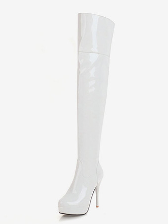 ホワイト プラットフォームサイハイブーツレディースアーモンドトゥスティレットブライトレザーヒールオーバーザニーブーツ