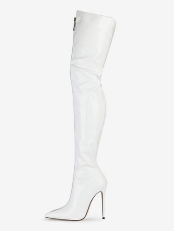 ニーハイブーツ レッド ポインテッドトゥ ジップアップ ブライトレザー ハイヒール サイハイブーツ