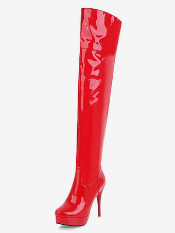 プラットフォームサイハイブーツレディースアーモンドトゥスティレットブライトレザーヒールオーバーザニーブーツ