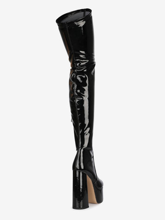 オーバーザニーブーツ ラウンドトゥ チャンキーヒール ハイヒール プラットフォーム ブライトレザー ウィンターブーツ 女性