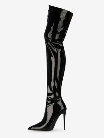 ニーハイブーツ レッド ポインテッドトゥ ジップアップ ブライトレザー ハイヒール サイハイブーツ