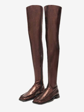 マホガニーレディース フラット ブーツ メタリック スクエア トゥ オーバー ザ ニー ブーツ ゴールド