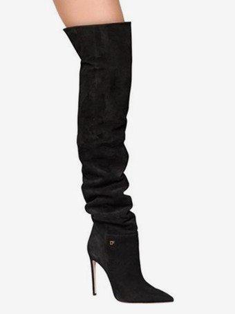 女性のためのオーバーニーブーツブラックポインテッドトゥウィンターブーツサイハイブーツ