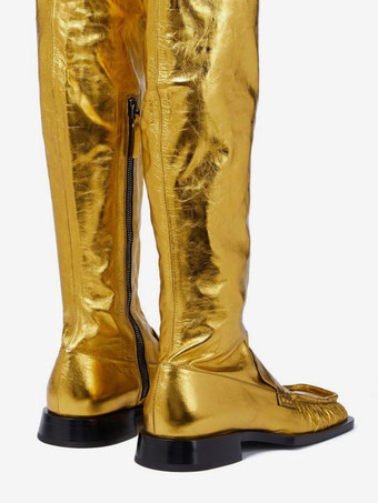 レディース フラット ブーツ メタリック スクエア トゥ オーバー ザ ニー ブーツ ゴールド