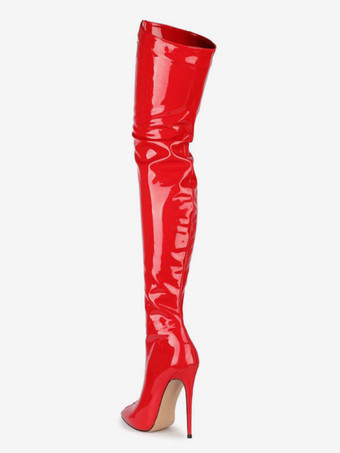 ニーハイブーツ レッド ポインテッドトゥ ジップアップ ブライトレザー ハイヒール サイハイブーツ