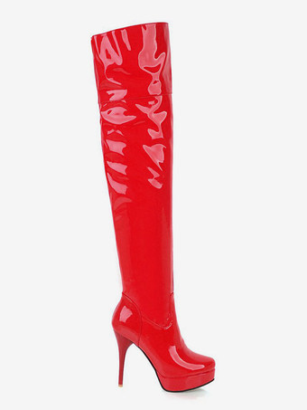 プラットフォームサイハイブーツレディースアーモンドトゥスティレットブライトレザーヒールオーバーザニーブーツ