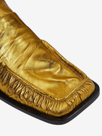 レディース フラット ブーツ メタリック スクエア トゥ オーバー ザ ニー ブーツ ゴールド