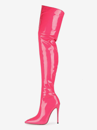 ニーハイブーツ レッド ポインテッドトゥ ジップアップ ブライトレザー ハイヒール サイハイブーツ