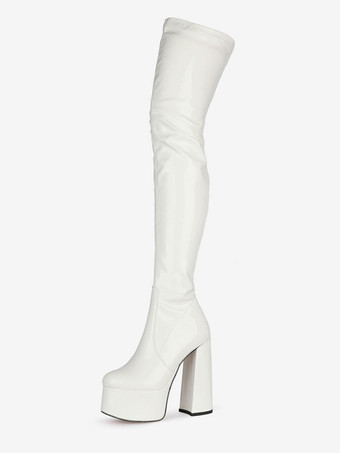 ホワイト オーバーザニーブーツ ラウンドトゥ チャンキーヒール ハイヒール プラットフォーム ブライトレザー ウィンターブーツ 女性