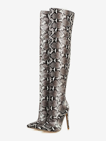 ニーブーツ スネークプリント ポインテッドトゥ スティレットヒール サイハイブーツ レディース