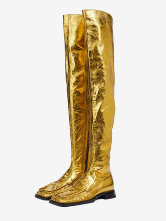 Botas rasas femininas bico quadrado metálico sobre o joelho em ouro