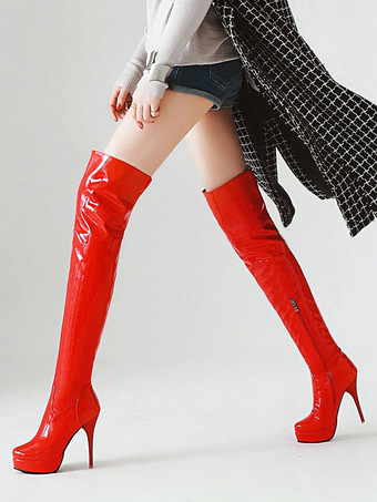 Platform Thigh High Boots Womens Almond Toe Stiletto Bright Leather Heel Over The Knee Boots