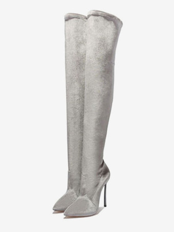 シルバー オーバーニーブーツ 弾性生地ローズ ポインテッドトゥ スティレットヒール セクシー サイハイブーツ